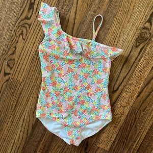 Mini Boden Floral One-Shoulder Kids One-Piece Swimsuit in Multi